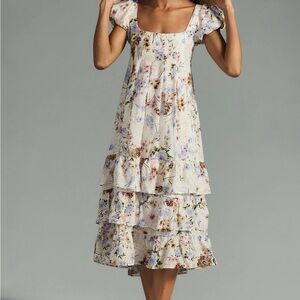 Anthropologie White Cream Ruffled Tiered Midi Dress